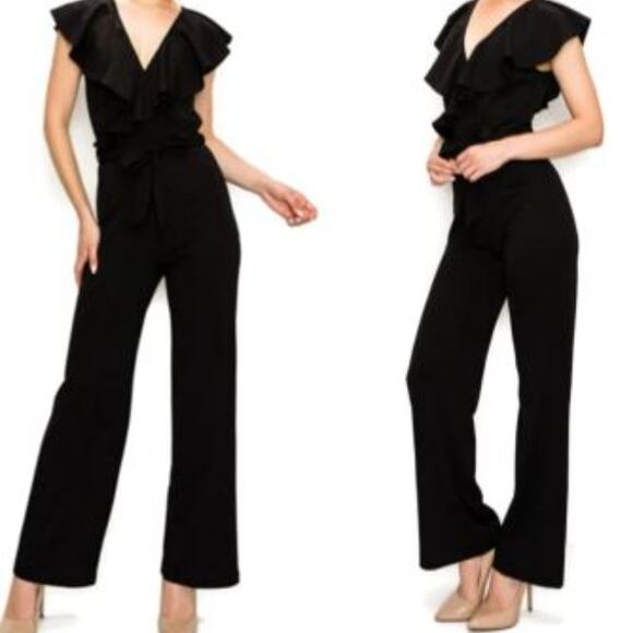 Charlie's Angels Black Jumpsuit Wide Leg Flowy Ruffle Sleeveless Sz L Glamor - Picture 1 of 15